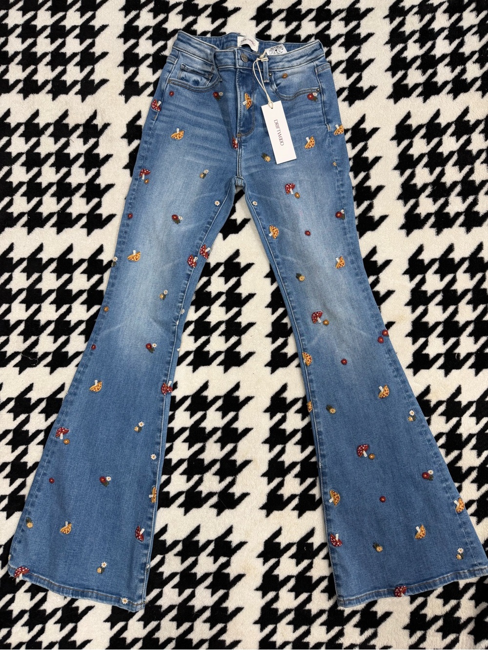 DRIFTWOOD Blue Embroidered Flare Jeans with Multicolor Motifs